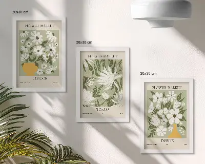 Photo frame wall set with floral poster designs featuring London, Tokyo, and Dublin