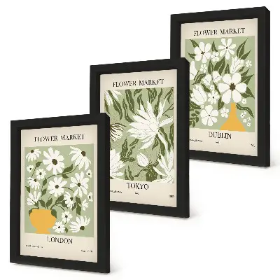 Photo frame wall set with floral poster designs featuring London, Tokyo, and Dublin