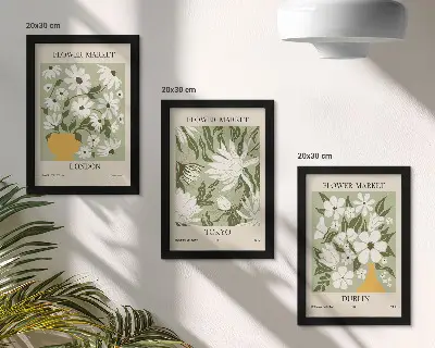 Photo frame wall set with floral poster designs featuring London, Tokyo, and Dublin