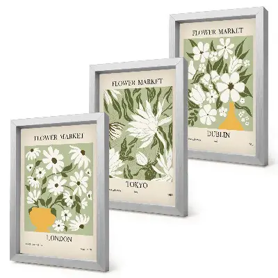 Photo frame wall set with floral poster designs featuring London, Tokyo, and Dublin