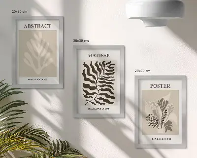 Photo frame wall with plant patterns in shades of beige and brown