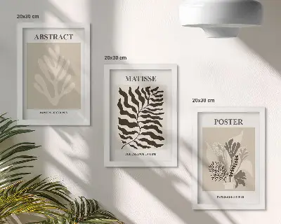 Photo frame wall with plant patterns in shades of beige and brown