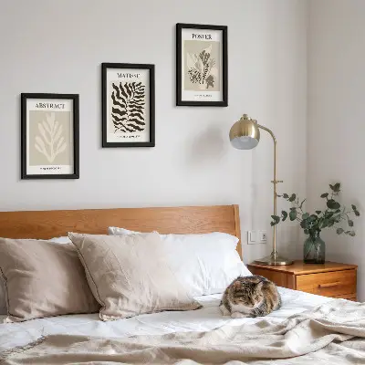 Photo frame wall with plant patterns in shades of beige and brown