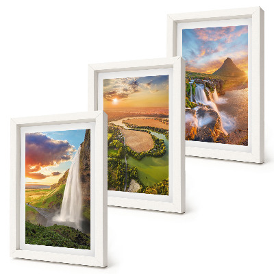 Framed triptych Waterfalls, mountain landscapes and rivers at sunset