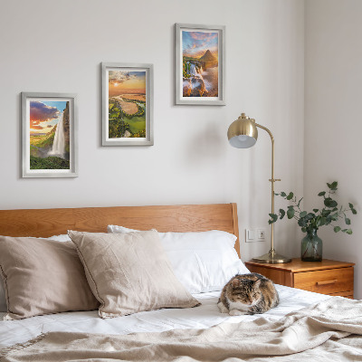Framed triptych Waterfalls, mountain landscapes and rivers at sunset