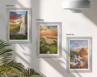 Waterfalls, mountain landscapes and rivers at sunset framed triptych