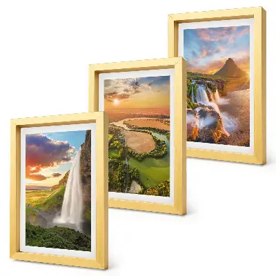 Waterfalls, mountain landscapes and rivers at sunset framed triptych