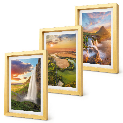 Framed triptych Waterfalls, mountain landscapes and rivers at sunset