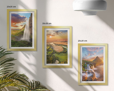 Framed triptych Waterfalls, mountain landscapes and rivers at sunset