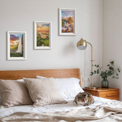 Framed triptych Waterfalls, mountain landscapes and rivers at sunset