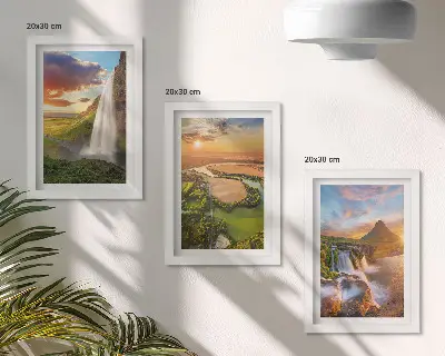 Waterfalls, mountain landscapes and rivers at sunset framed triptych