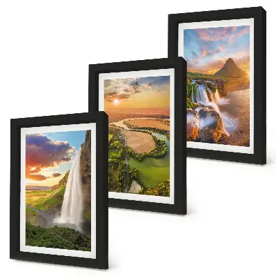 Waterfalls, mountain landscapes and rivers at sunset framed triptych