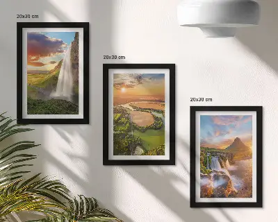 Waterfalls, mountain landscapes and rivers at sunset framed triptych