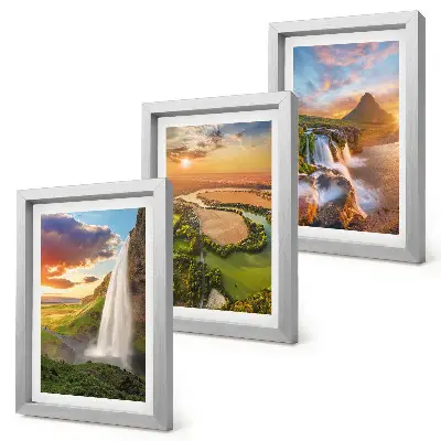 Waterfalls, mountain landscapes and rivers at sunset framed triptych