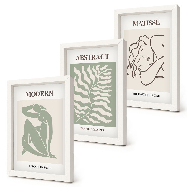 Photo frame wall Stylish paintings in shades of green with figures and leaves