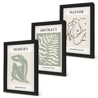 Photo frame wall Stylish paintings in shades of green with figures and leaves