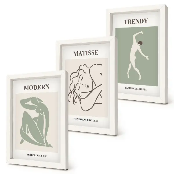 Stylish characters in minimalist forms and colors framed triptych