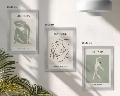 Stylish characters in minimalist forms and colors framed triptych