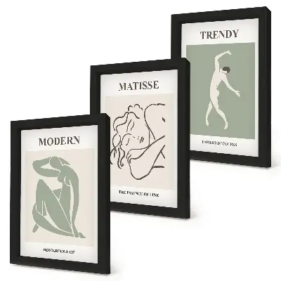 Stylish characters in minimalist forms and colors framed triptych