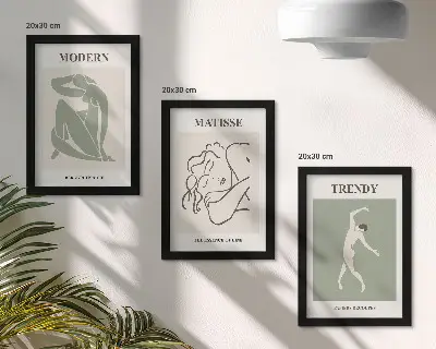 Stylish characters in minimalist forms and colors framed triptych
