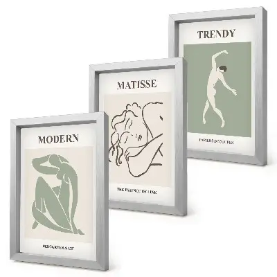 Stylish characters in minimalist forms and colors framed triptych