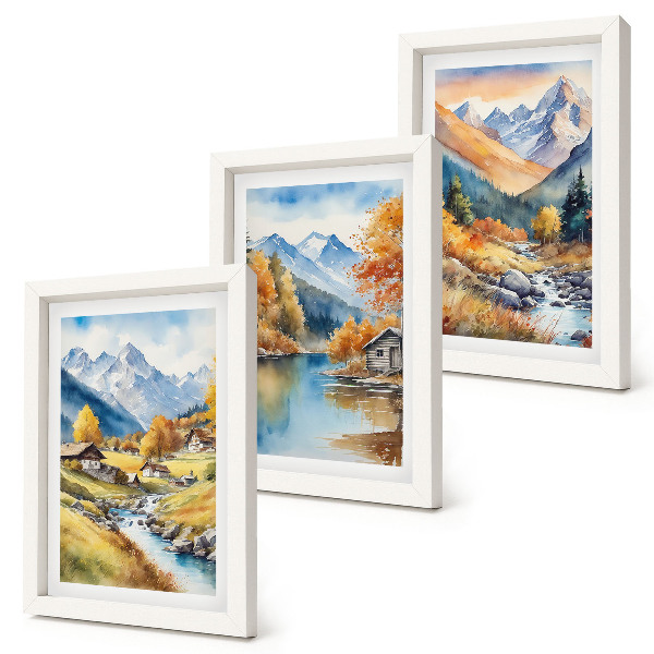 3-piece wall art set Painted autumn mountains with a river and cottages