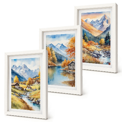 3-piece wall art set Painted autumn mountains with a river and cottages