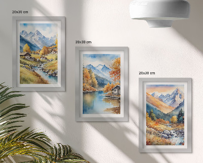 3-piece wall art set Painted autumn mountains with a river and cottages