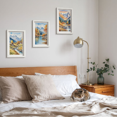3-piece wall art set Painted autumn mountains with a river and cottages