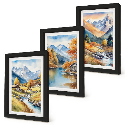 3-piece wall art set Painted autumn mountains with a river and cottages