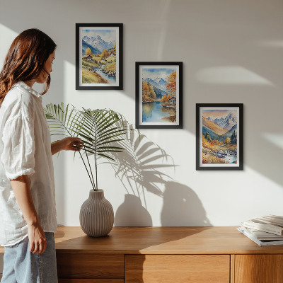 3-piece wall art set Painted autumn mountains with a river and cottages