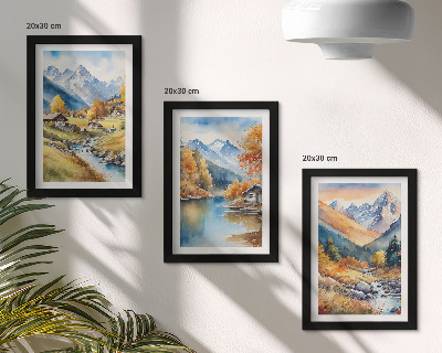 3-piece wall art set Painted autumn mountains with a river and cottages