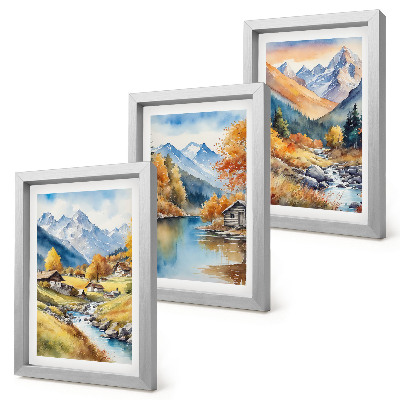 3-piece wall art set Painted autumn mountains with a river and cottages
