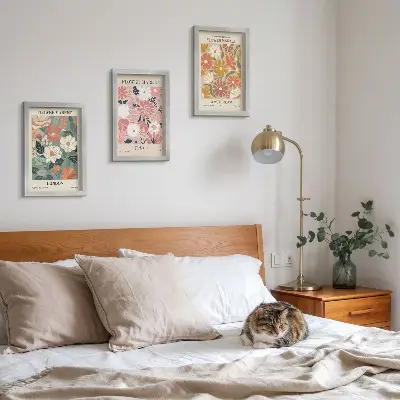Photo frame wall with floral pattern posters of London, Tokyo, and Amsterdam