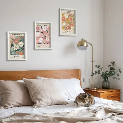 Photo frame wall with floral pattern posters of London, Tokyo, and Amsterdam