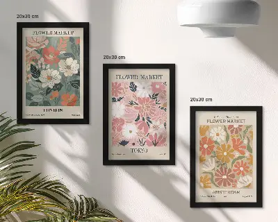 Photo frame wall with floral pattern posters of London, Tokyo, and Amsterdam