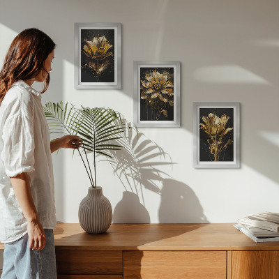 3-piece wall art set Flowers in shades of yellow on a dark background