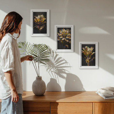 3-piece wall art set Flowers in shades of yellow on a dark background