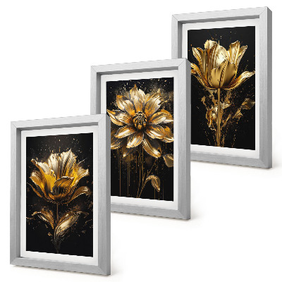 3-piece wall art set Flowers in shades of yellow on a dark background