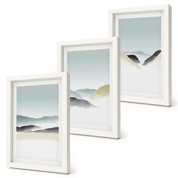 Minimalist mountains in delicate pastels framed triptych