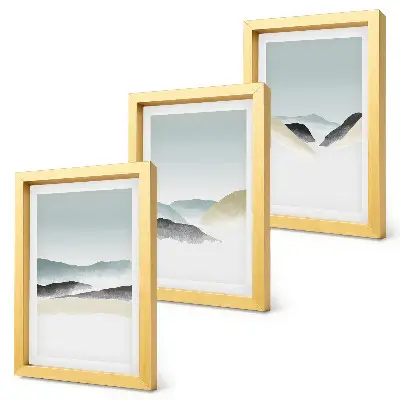 Minimalist mountains in delicate pastels framed triptych