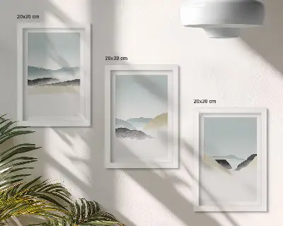 Minimalist mountains in delicate pastels framed triptych