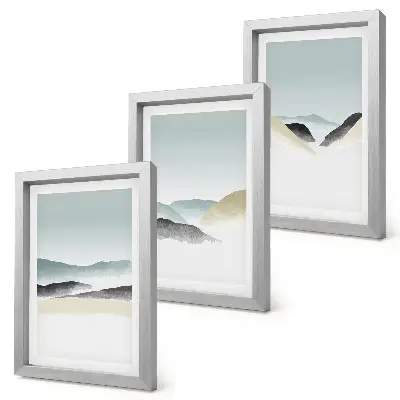 Minimalist mountains in delicate pastels framed triptych