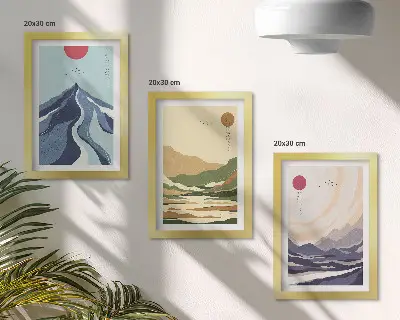 3-piece wall art set mountains in pastel colors with a Japandi aesthetic