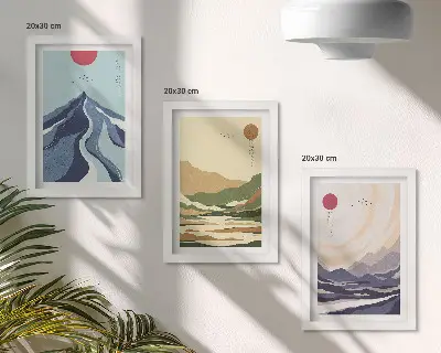 3-piece wall art set mountains in pastel colors with a Japandi aesthetic