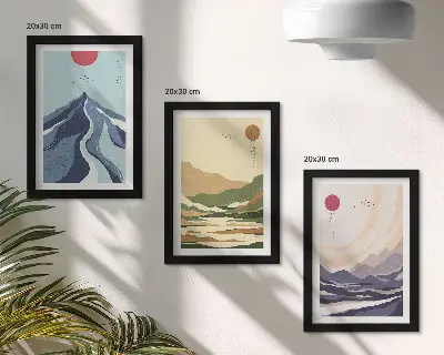 3-piece wall art set mountains in pastel colors with a Japandi aesthetic