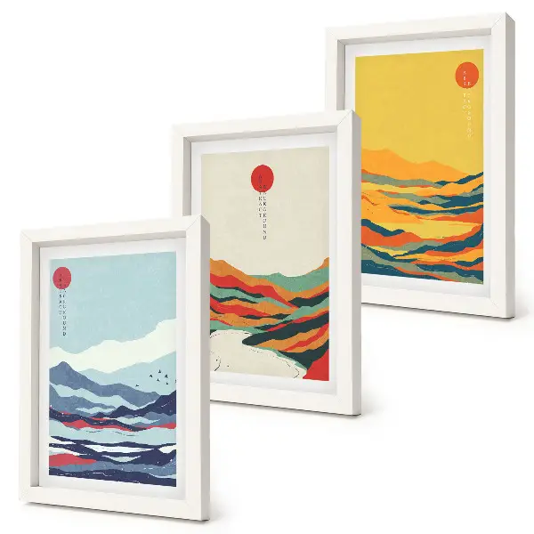 Photo frame wall with colorful abstract mountain and river landscape prints