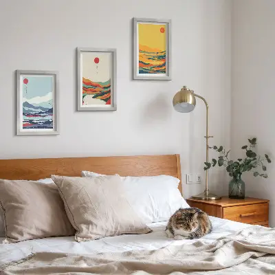Photo frame wall with colorful abstract mountain and river landscape prints