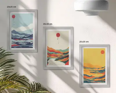 Photo frame wall with colorful abstract mountain and river landscape prints