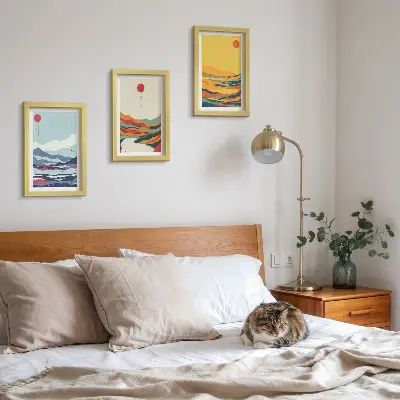 Photo frame wall with colorful abstract mountain and river landscape prints